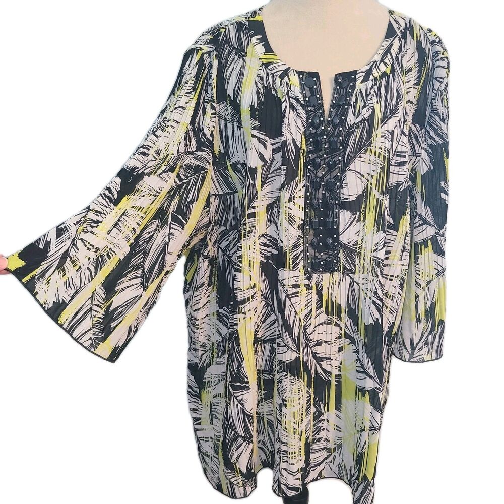 Catherines 3X Tunic Top Beaded Tropical Palm Pleated Chiffon Blouse Resort Vacay
